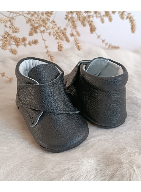 Hakiki Siyah Deri Cırt Cırtlı Bebek Botu